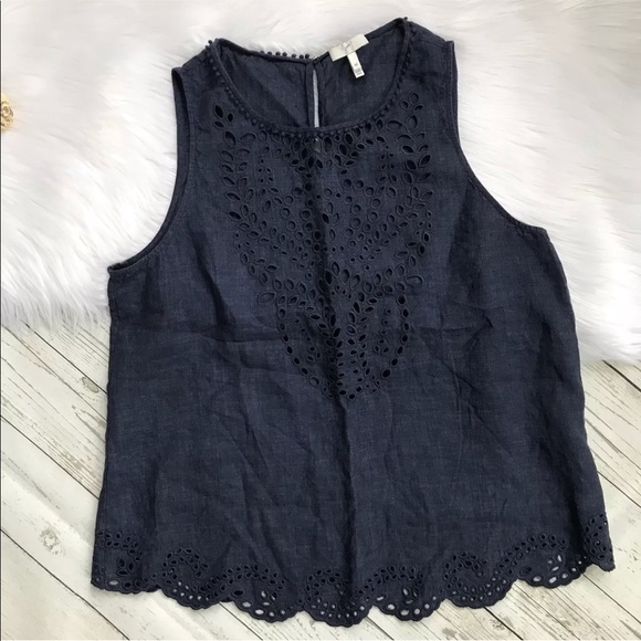 Joie Linen Tank Top Encycllia Blue Scallop Hem - Picture 8 of 8